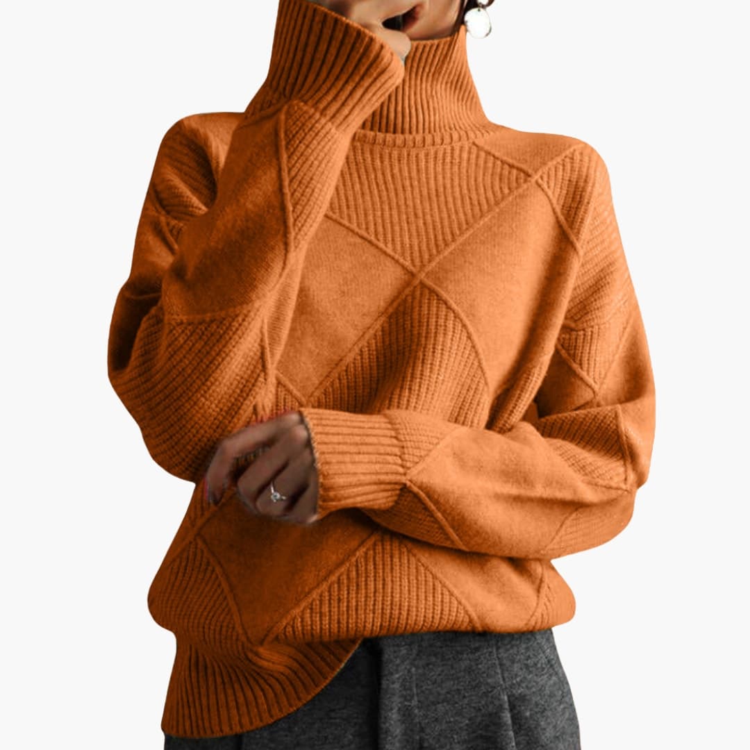 Camisola de malha para mulher com padrão de losangos texturizado e gola canelada