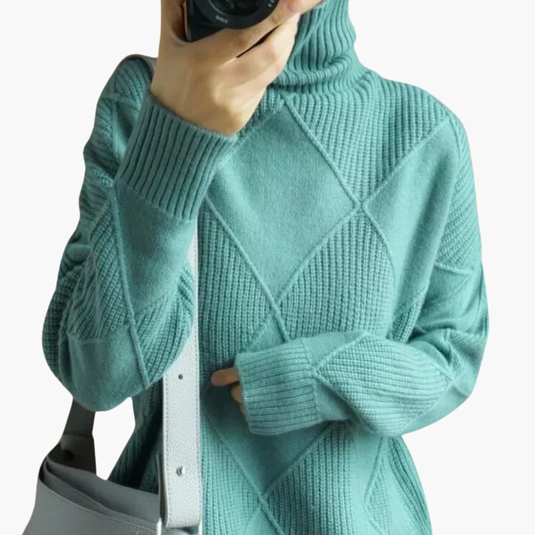 Sweter damski z dzianiny z golfem i geometrycznym wzorem