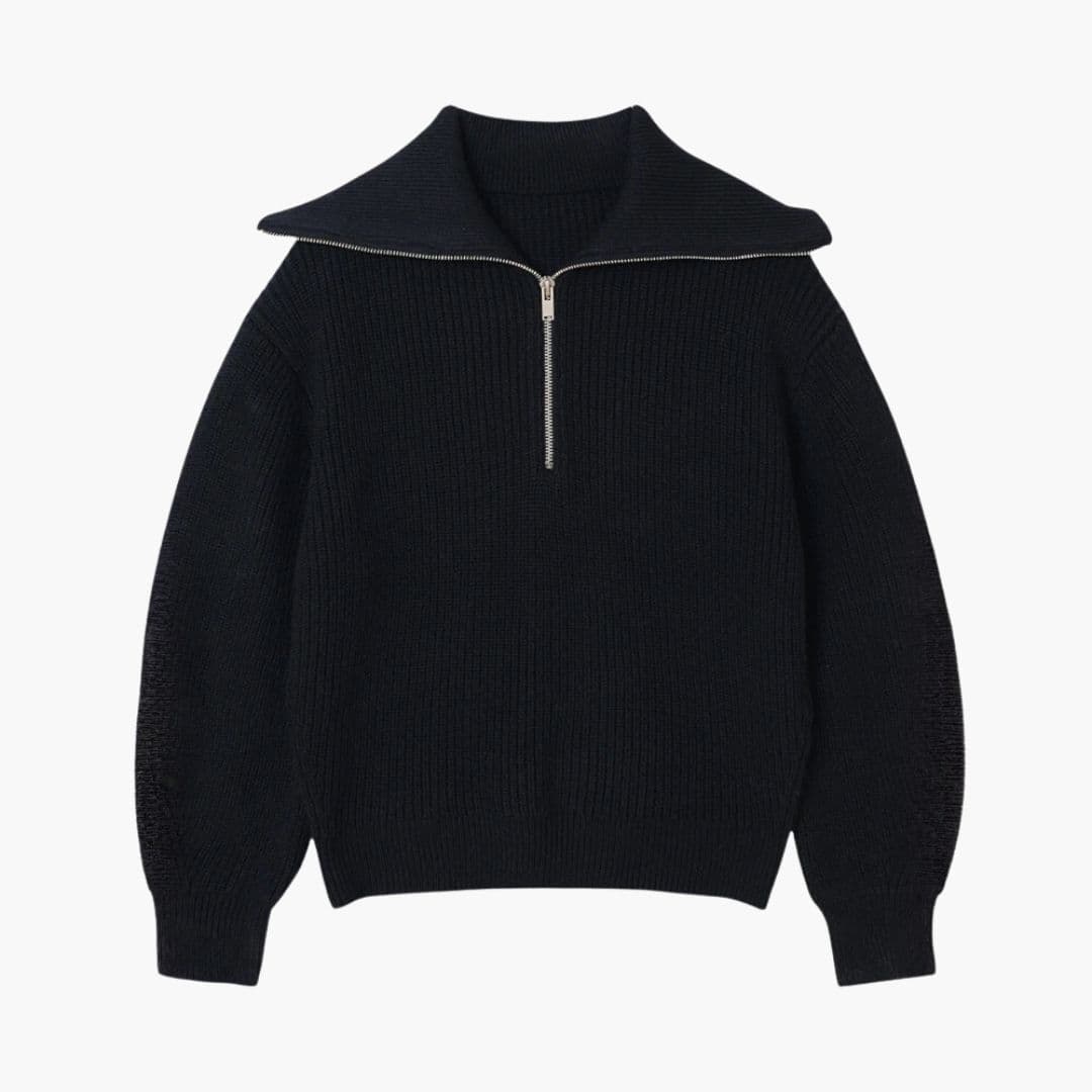 Pull femme en maille rayée avec zip et col côtelé