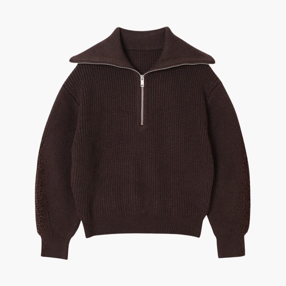 Pull femme en maille rayée avec zip et col côtelé