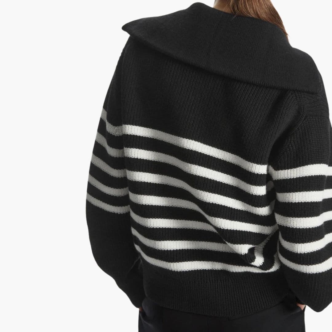 Camisola de malha às riscas para mulher com fecho e gola canelada