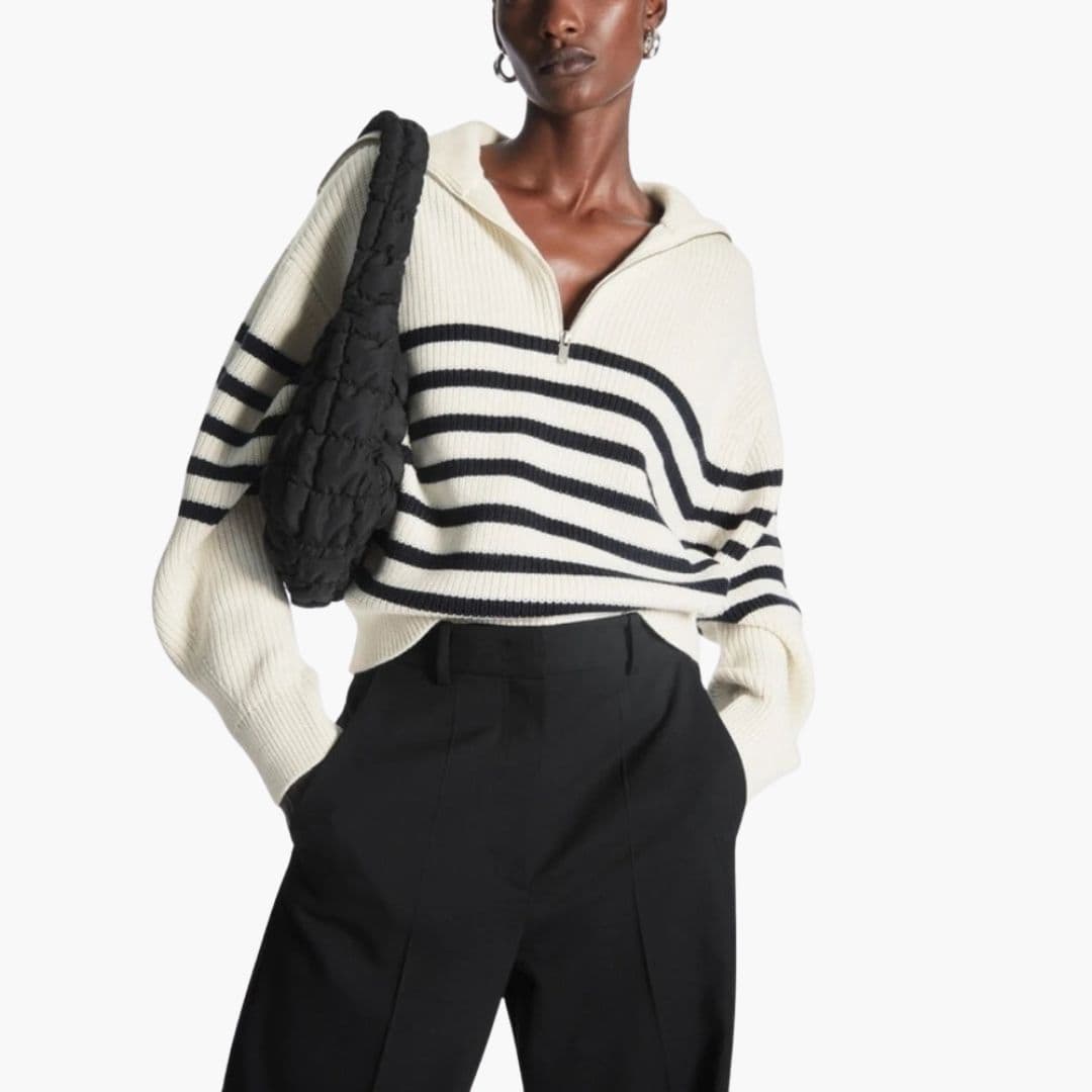 Camisola de malha às riscas para mulher com fecho e gola canelada