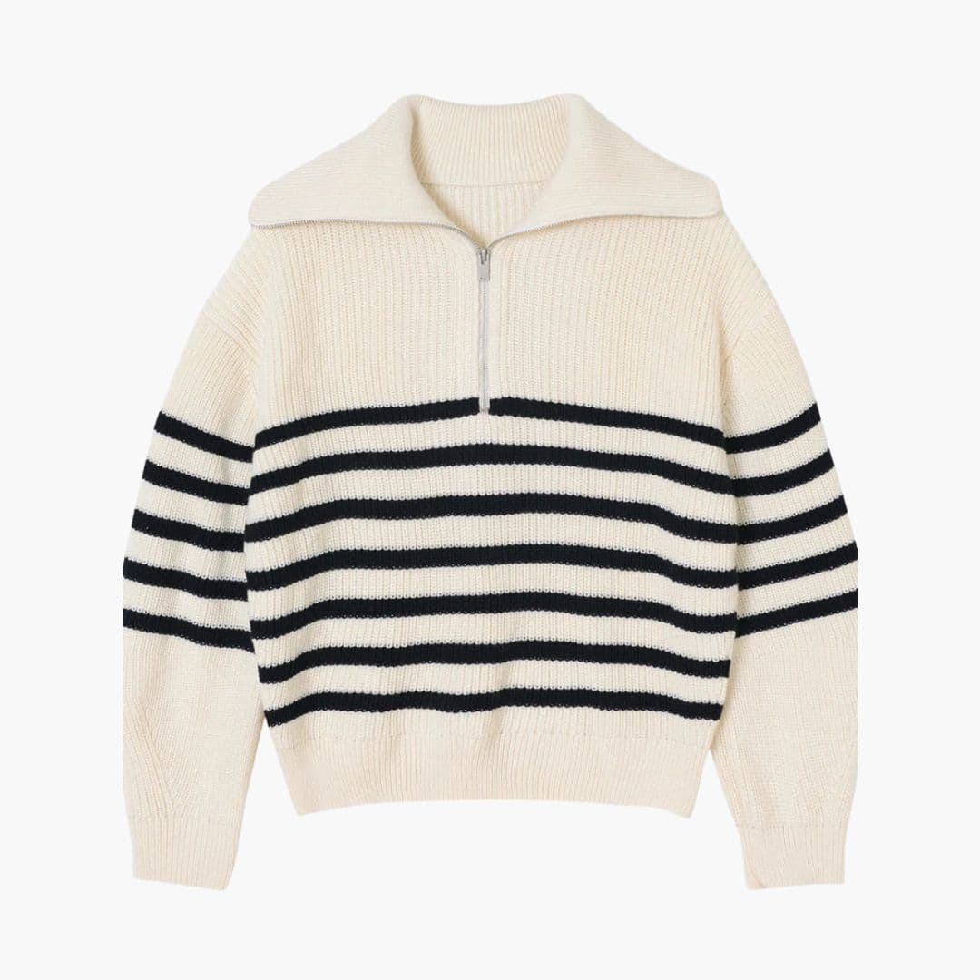 Camisola de malha às riscas para mulher com fecho e gola canelada