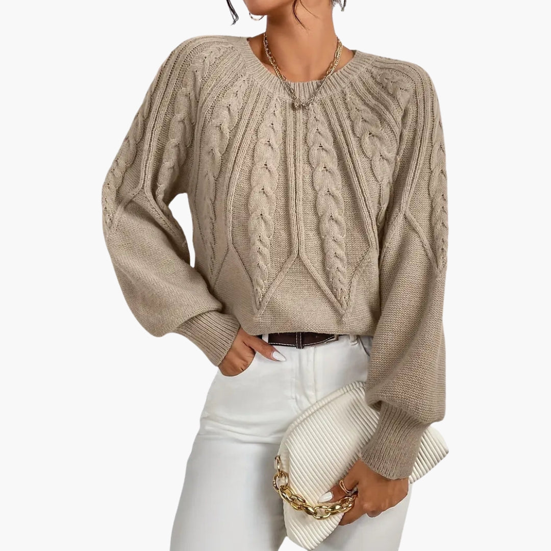 Camisola de malha feminina com tranças e mangas bufantes