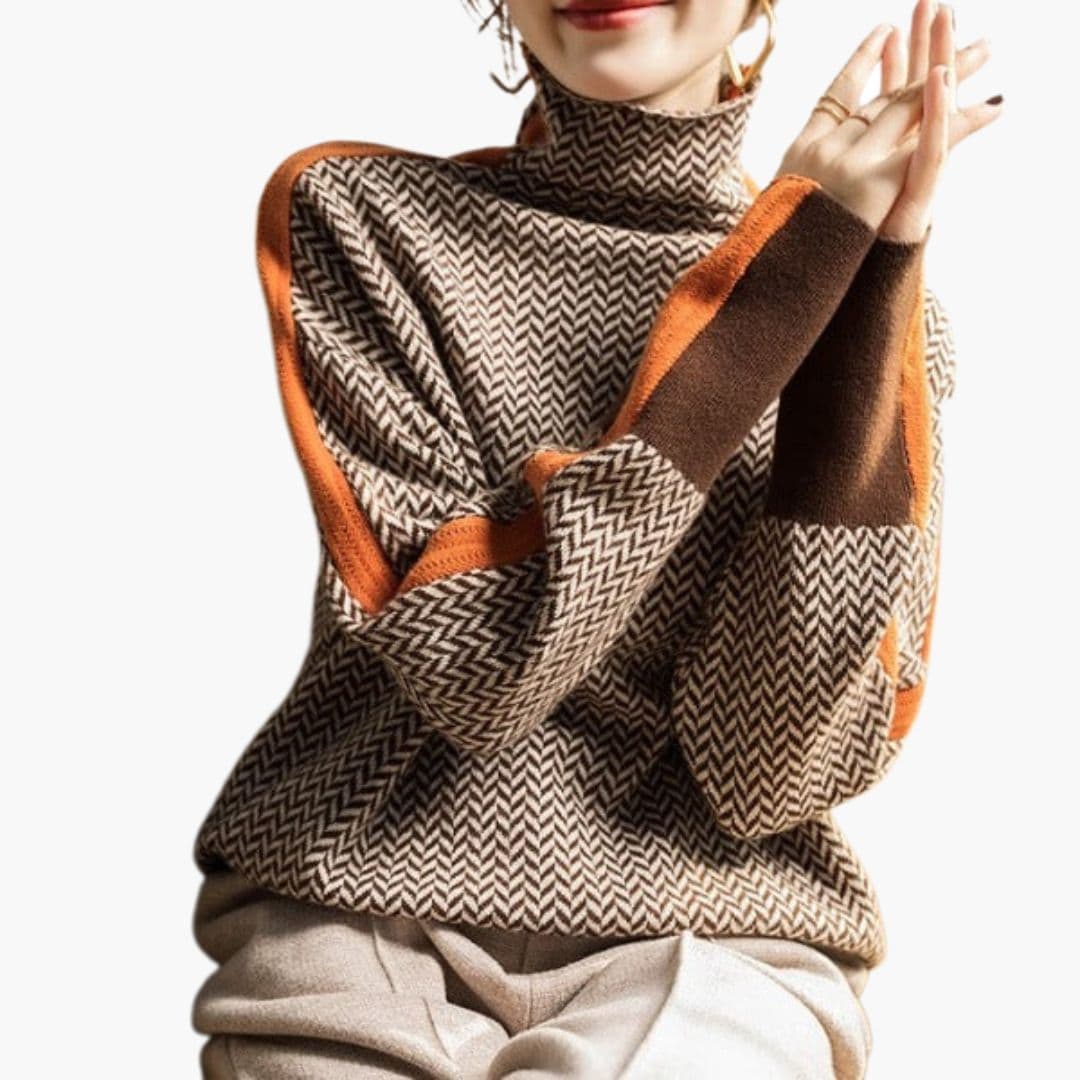 Pull femme motif chevrons avec finitions contrastées