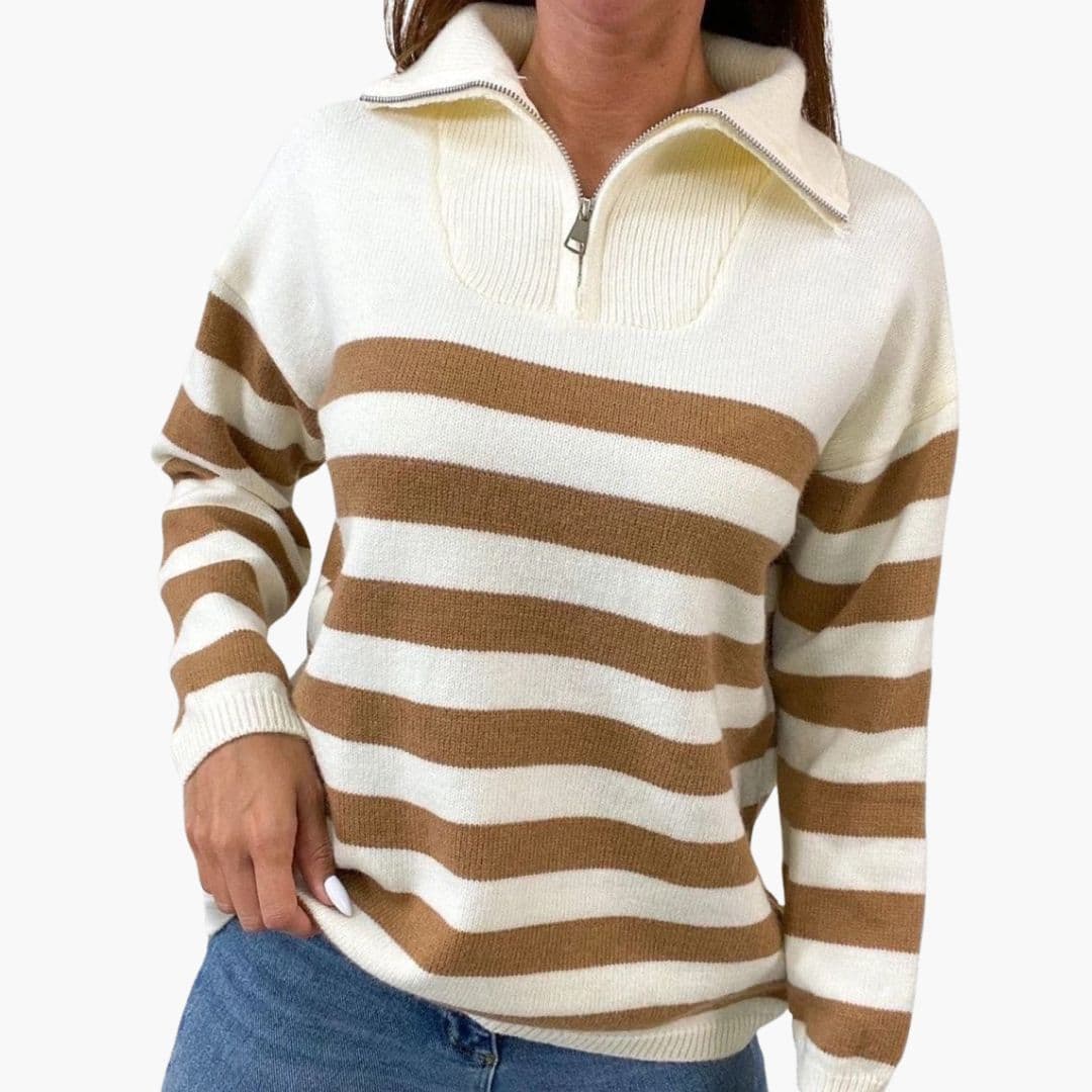 Suéter de mujer a rayas con cuello alto y cierre con cremallera