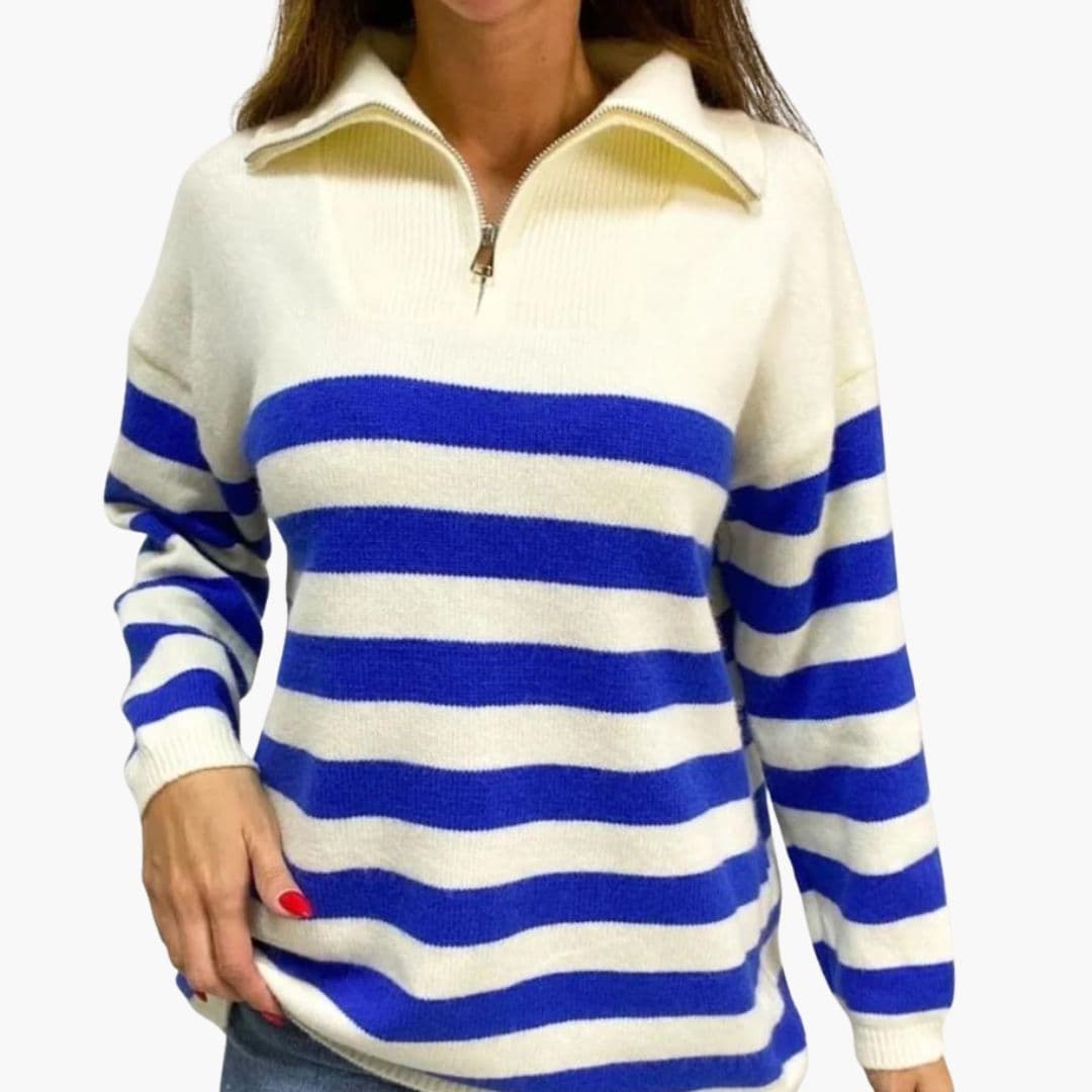 Suéter de mujer a rayas con cuello alto y cierre con cremallera