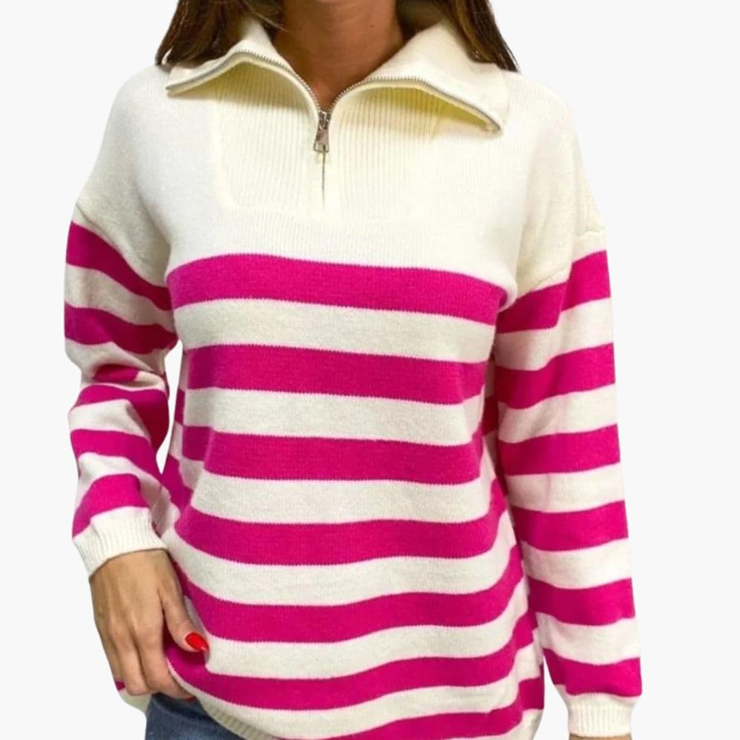 Suéter de mujer a rayas con cuello alto y cierre con cremallera