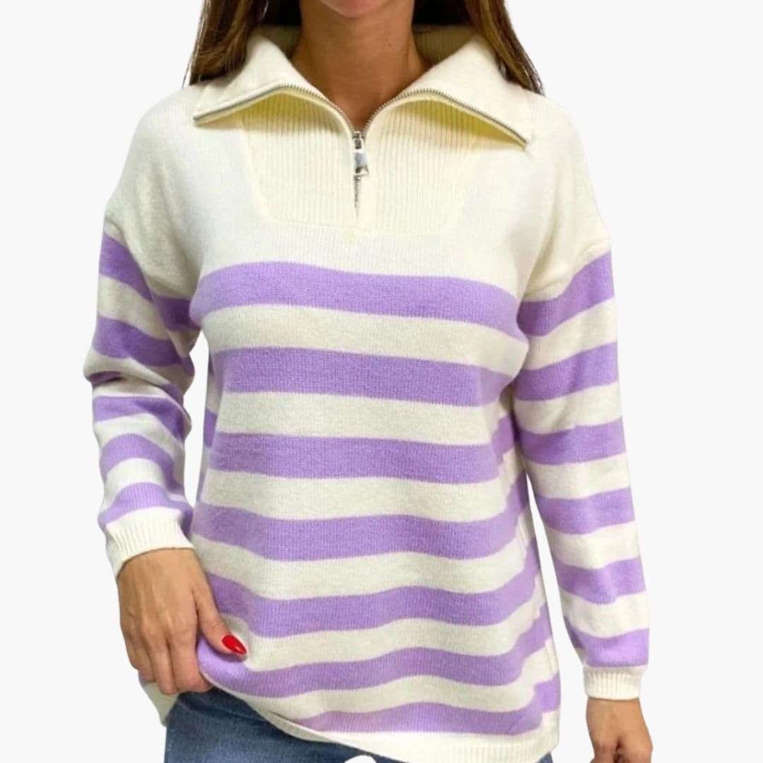 Suéter de mujer a rayas con cuello alto y cierre con cremallera