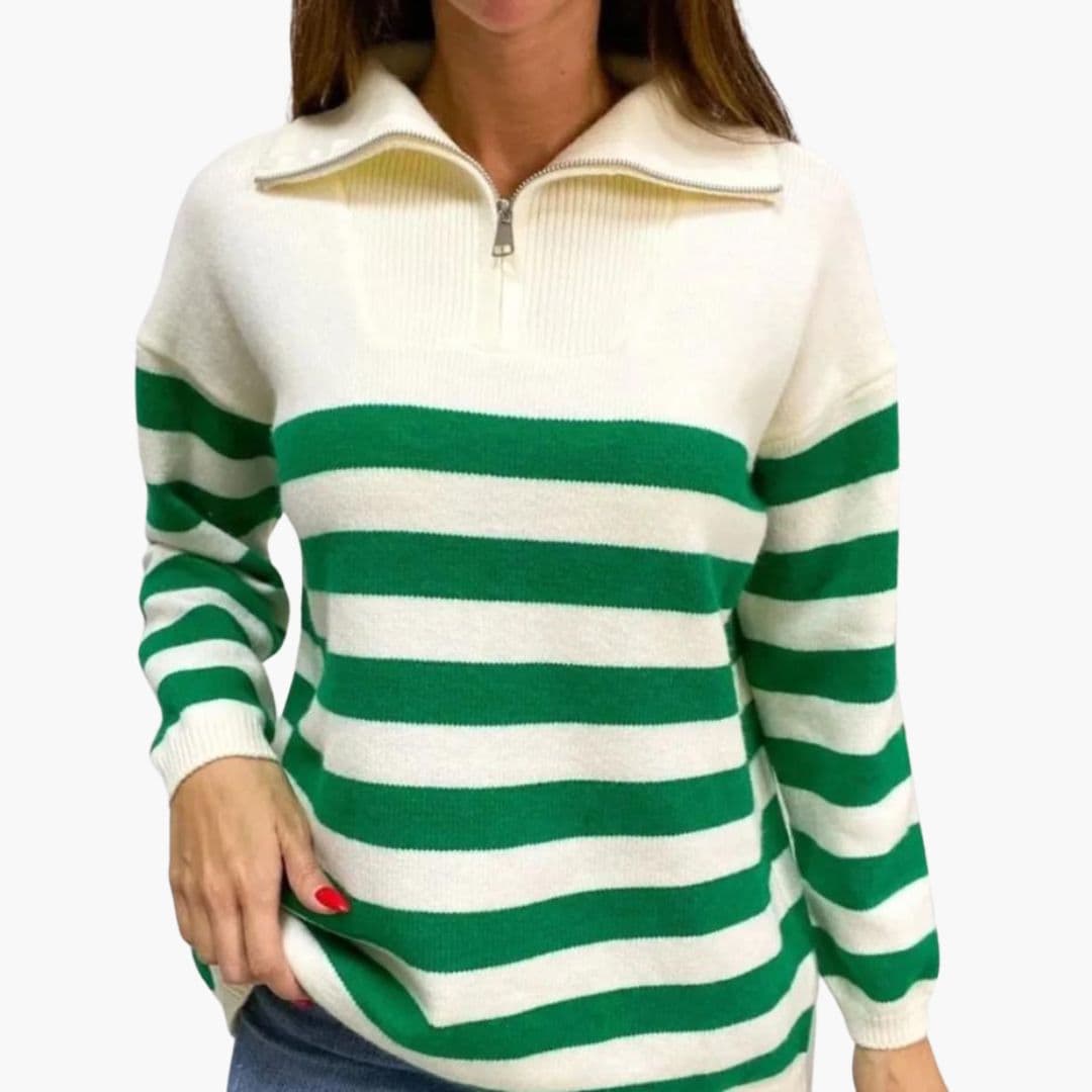 Suéter de mujer a rayas con cuello alto y cierre con cremallera
