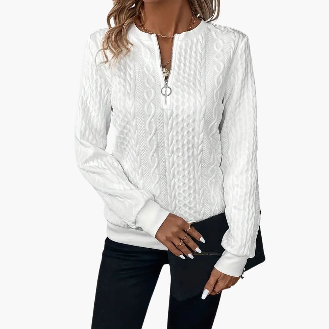 Pull femme torsadé avec col zippé et poignets côtelés