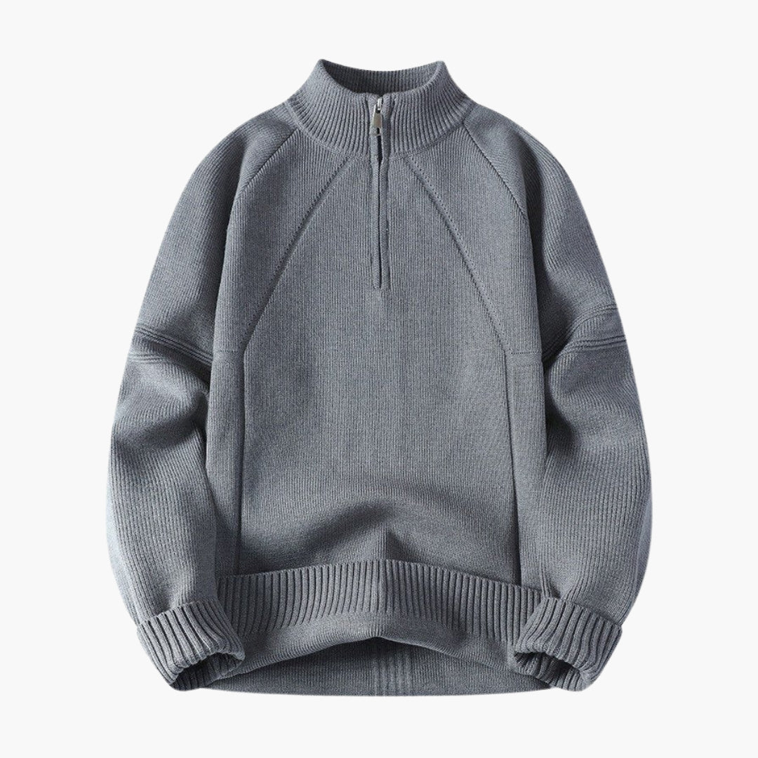 Men's zip-up high collar sweater with textured knit pattern
