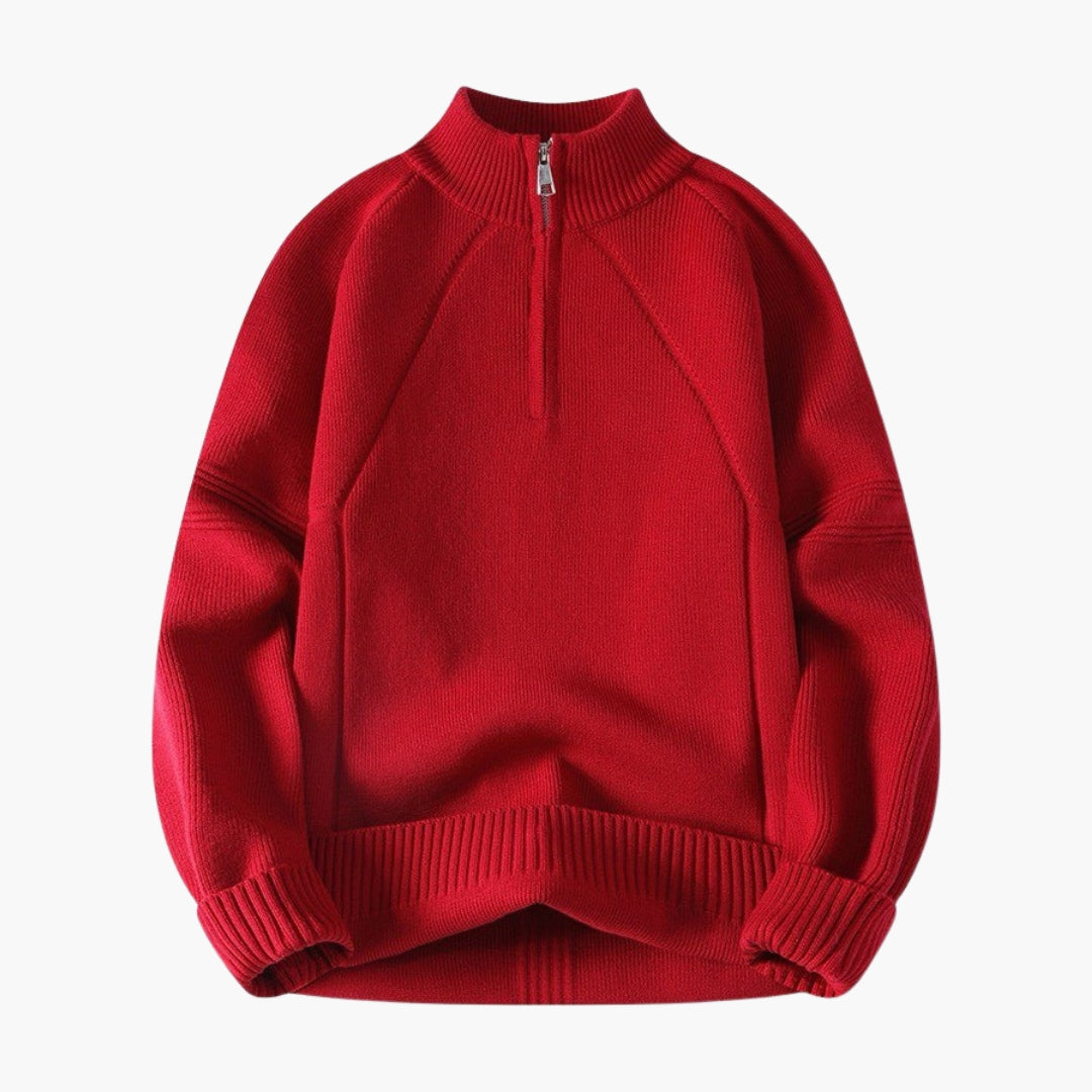 Men's zip-up high collar sweater with textured knit pattern