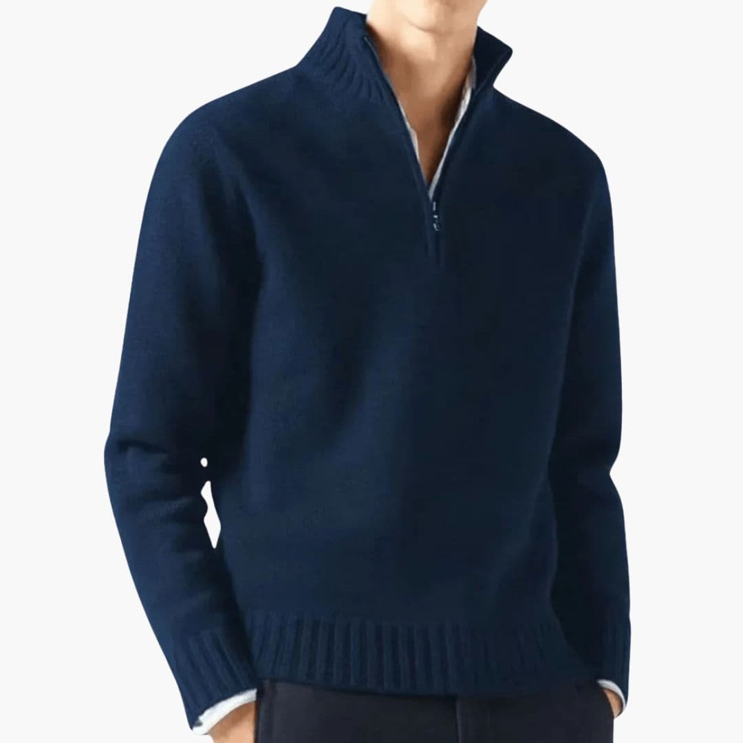 Pull homme à col zippé et base côtelée