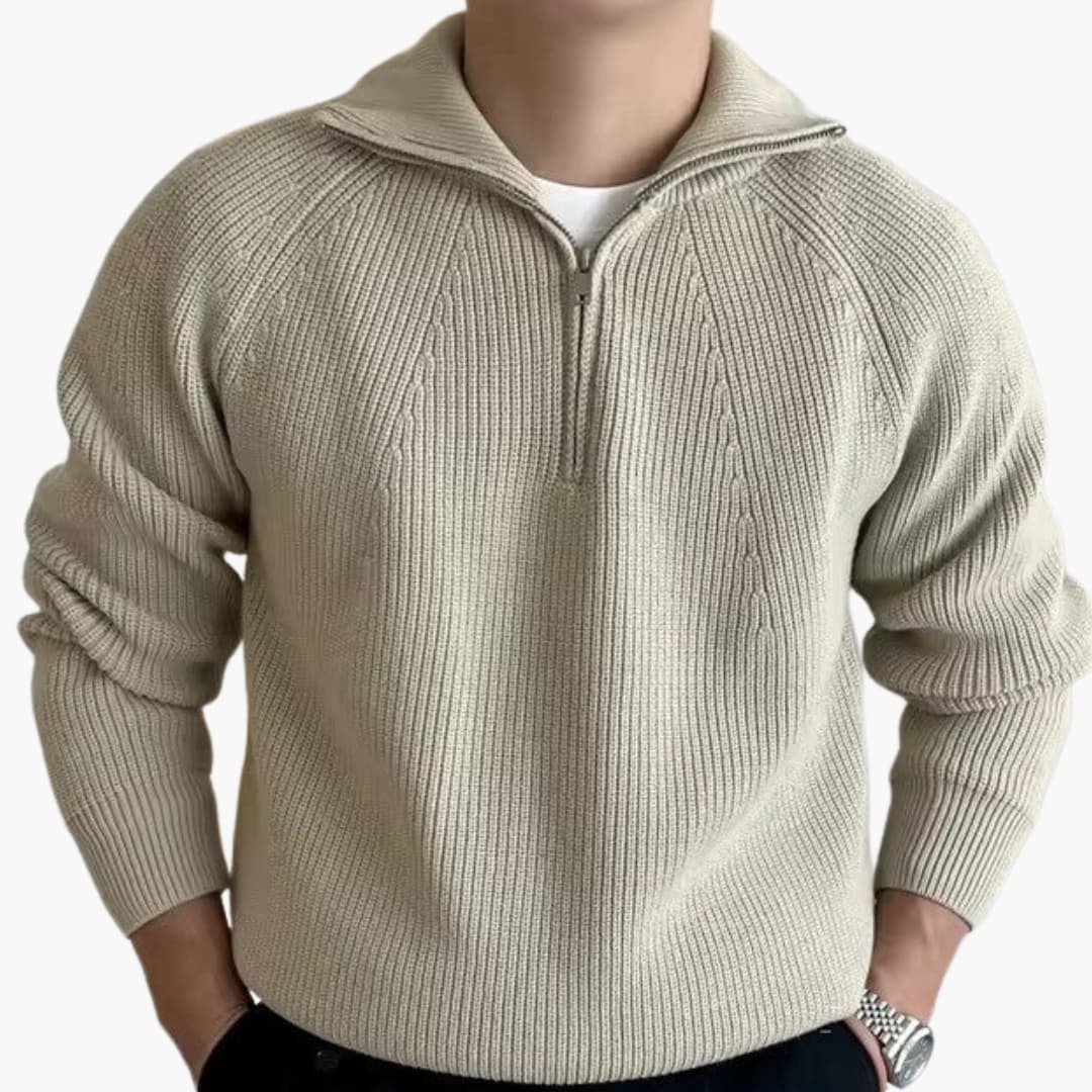 Herrtröja med halv dragkedja i stickat tyg med ribbade muddar