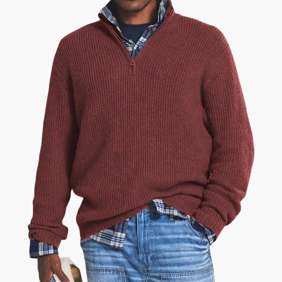 Pull homme avec col demi zippé et surface côtelée