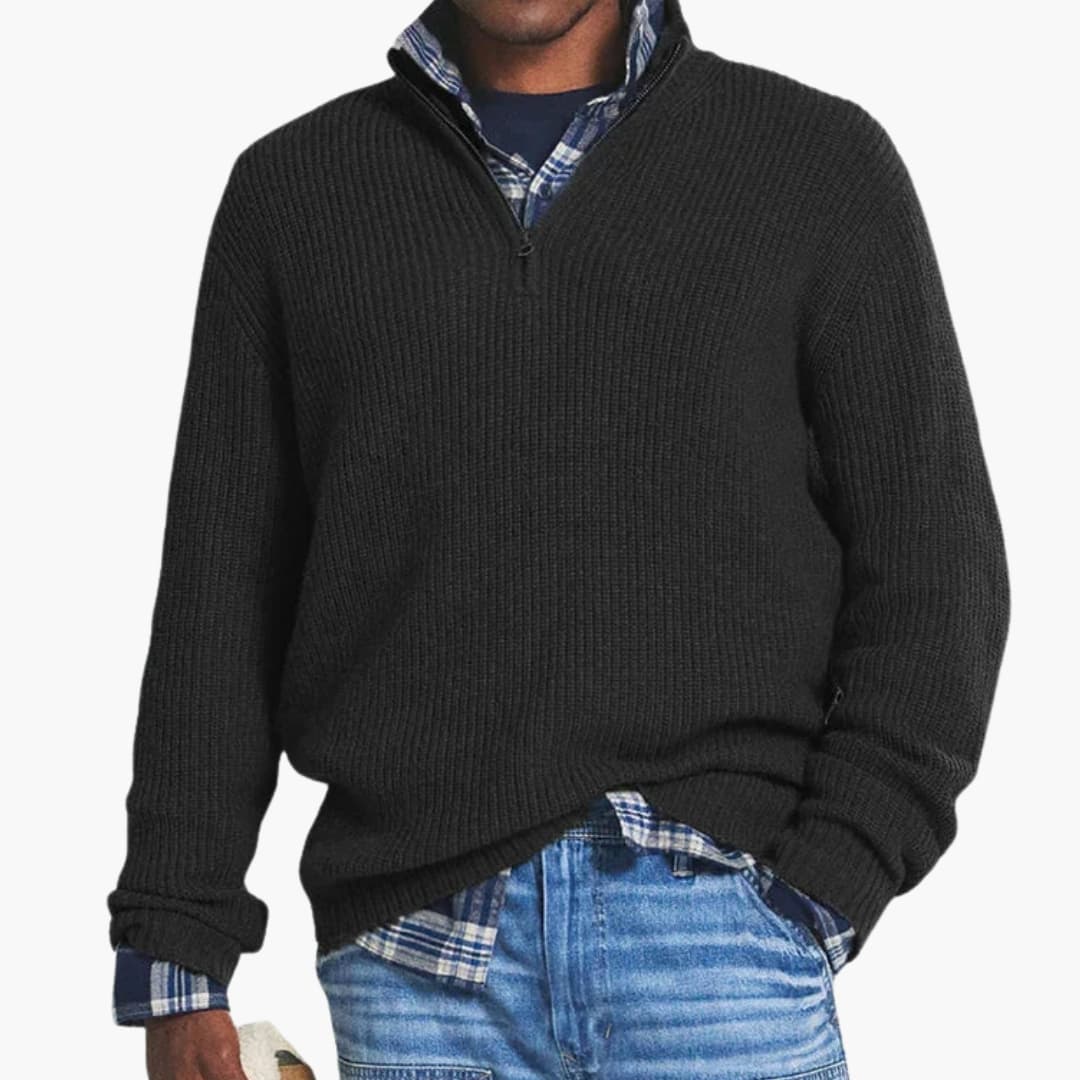 Pull homme avec col demi zippé et surface côtelée
