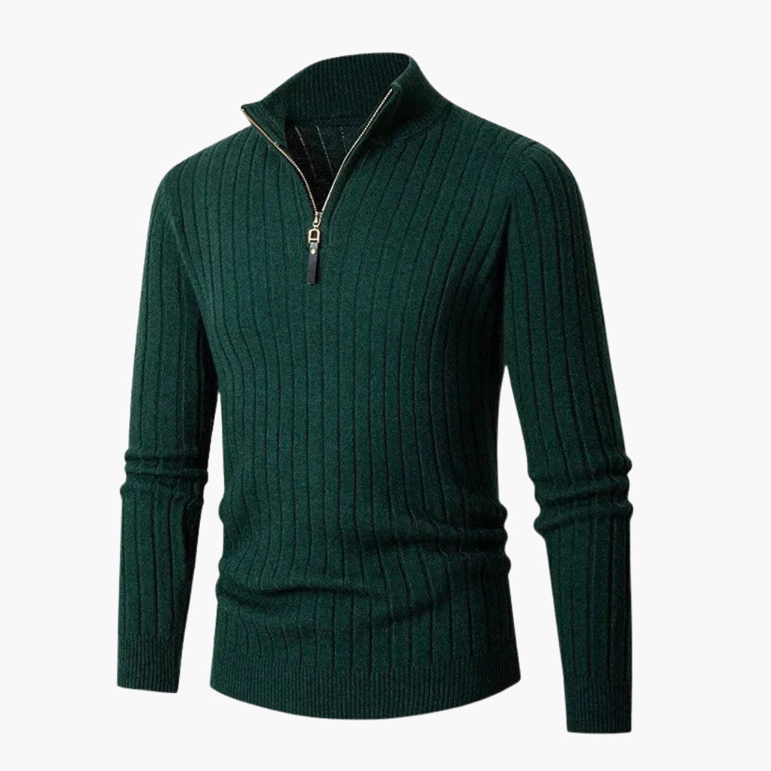 Herrtröja i stickat med hög krage och halv dragkedja