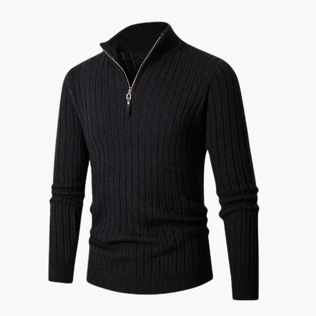 Herrtröja i stickat med hög krage och halv dragkedja