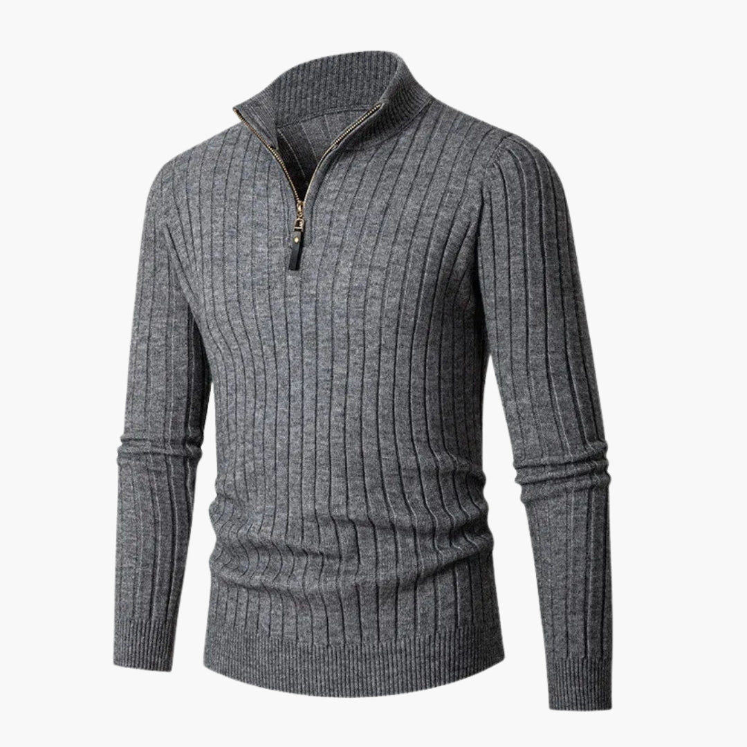 Herrtröja i stickat med hög krage och halv dragkedja
