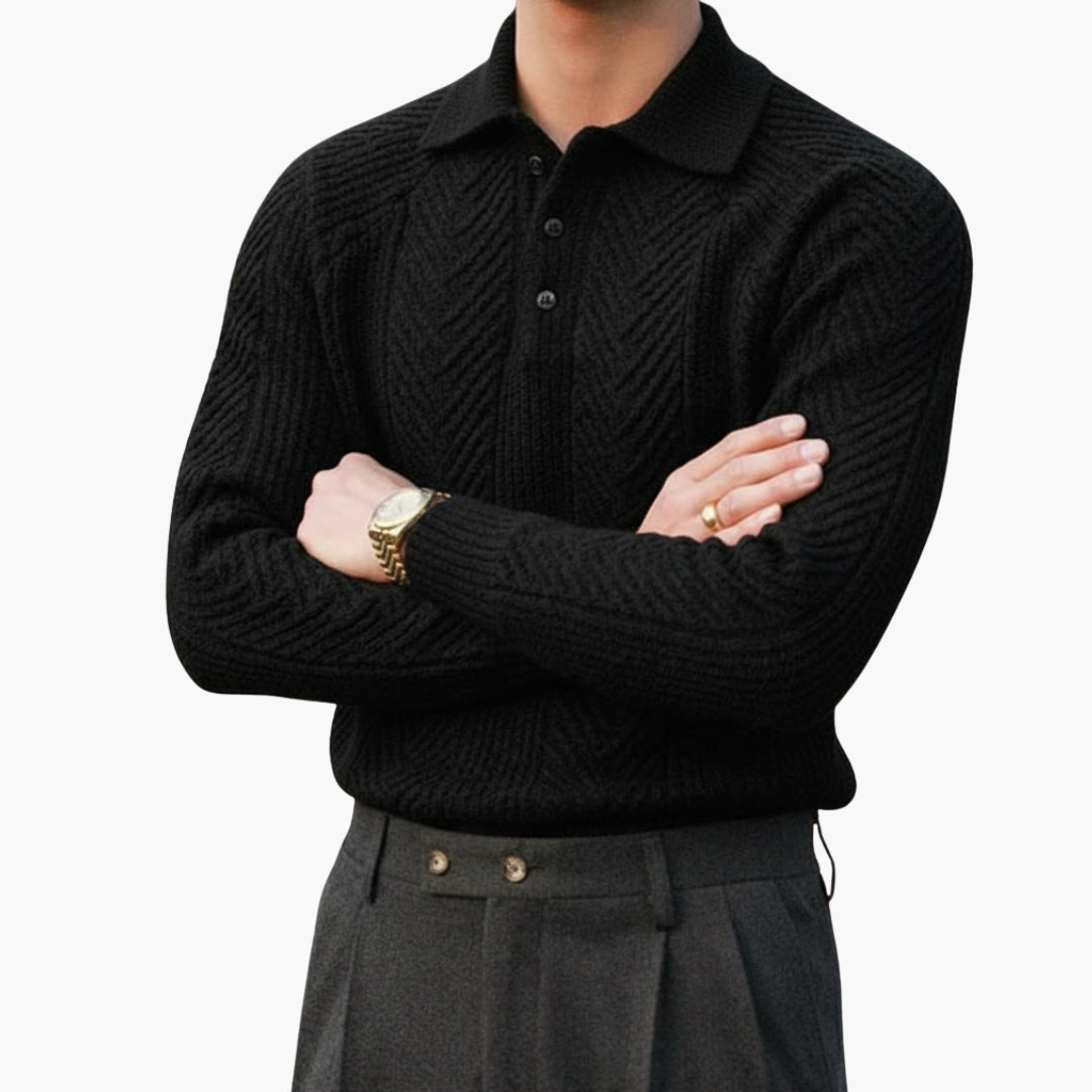 Herrtröja i stickat med krage och texturerat mönster