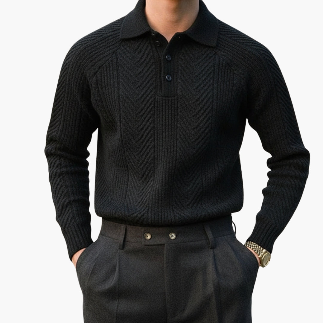 Herrtröja i stickat med krage och texturerat mönster