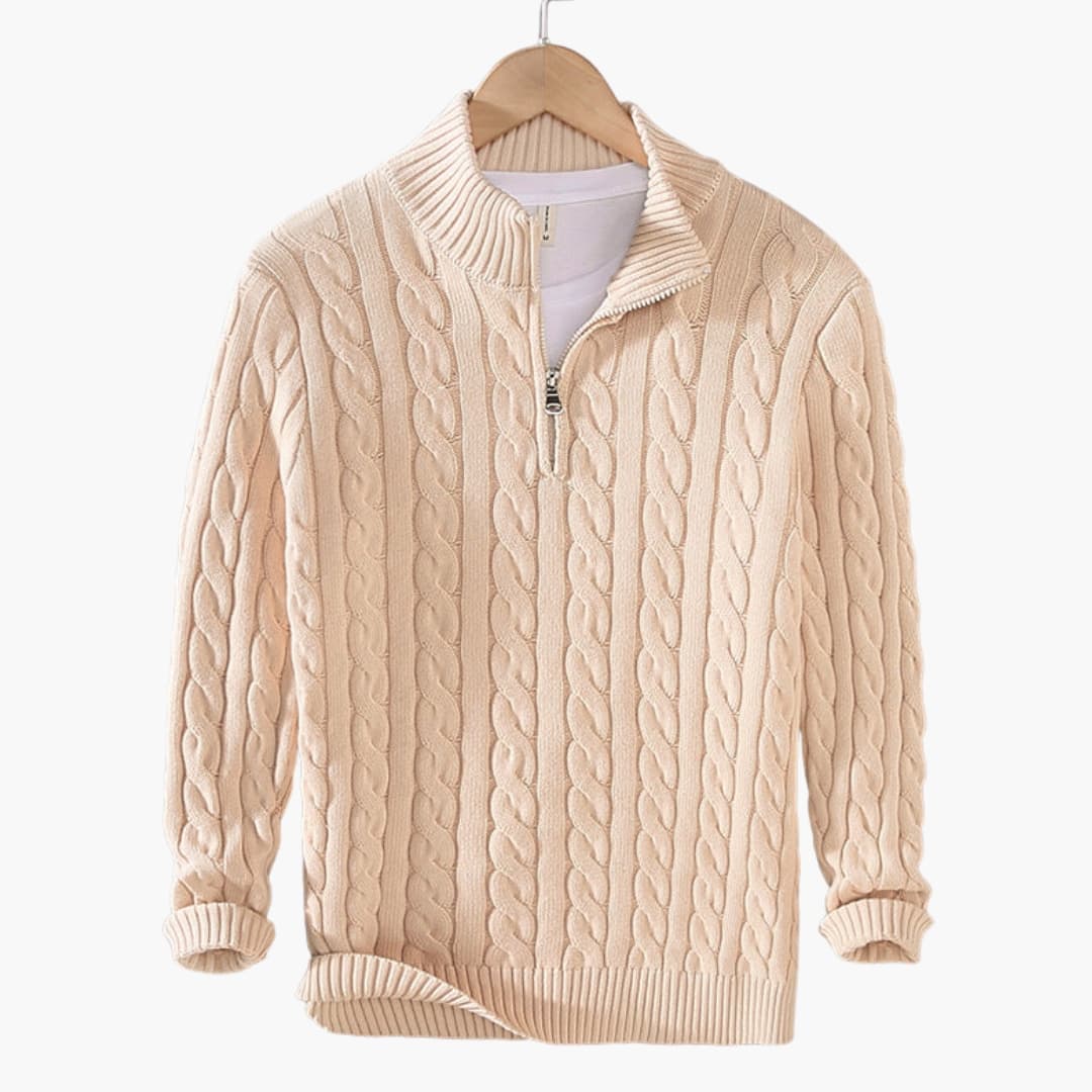 Herrtröja i flätstickad halvdragkedja med texturerat mönster