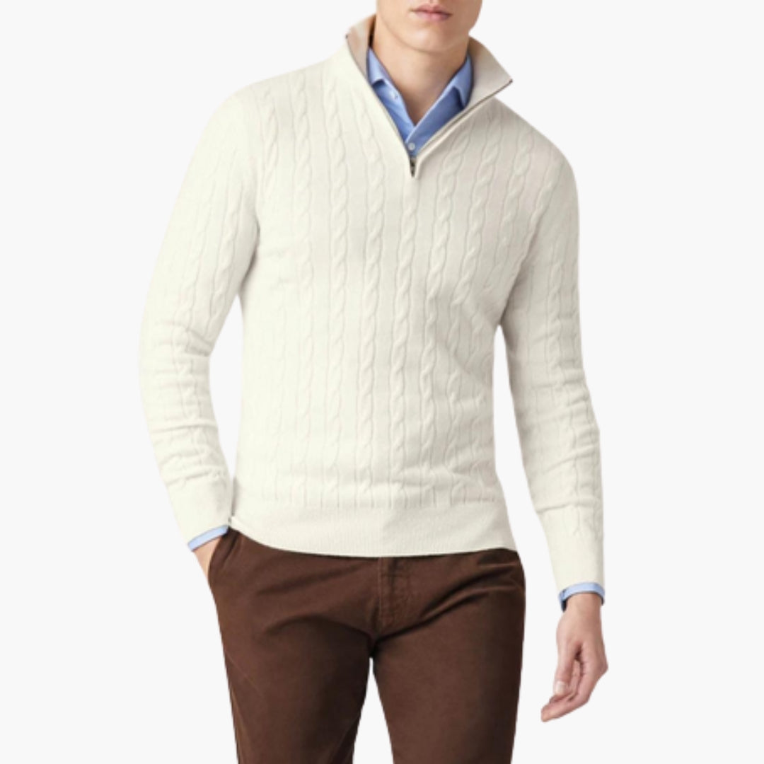 Camisola de homem com tranças e gola com fecho de meio zip