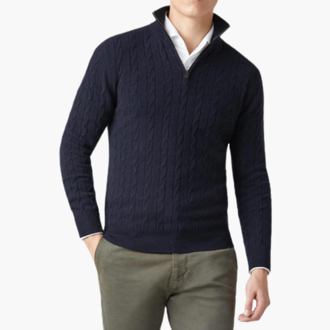 Camisola de homem com tranças e gola com fecho de meio zip