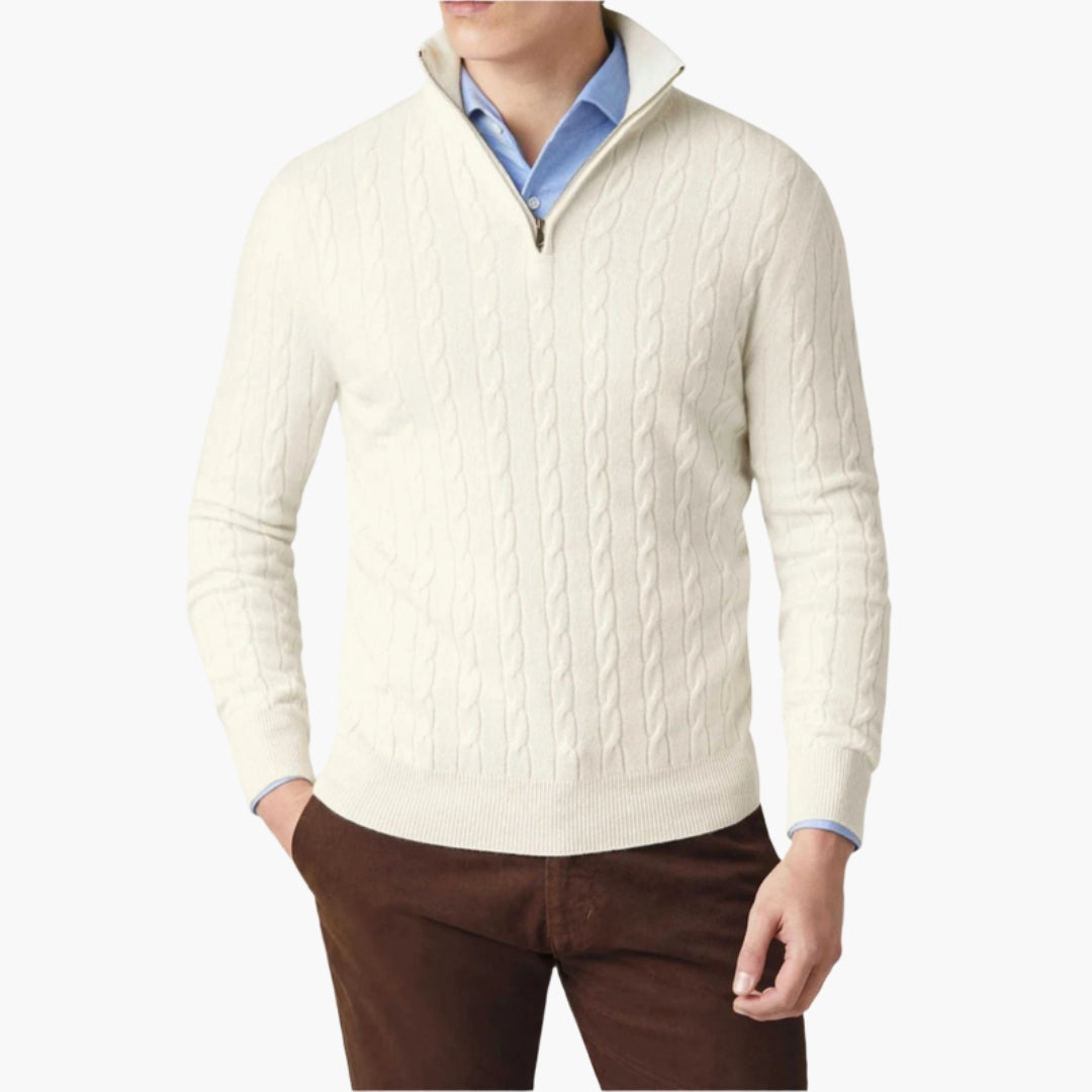 Camisola de homem com tranças e gola com fecho de meio zip