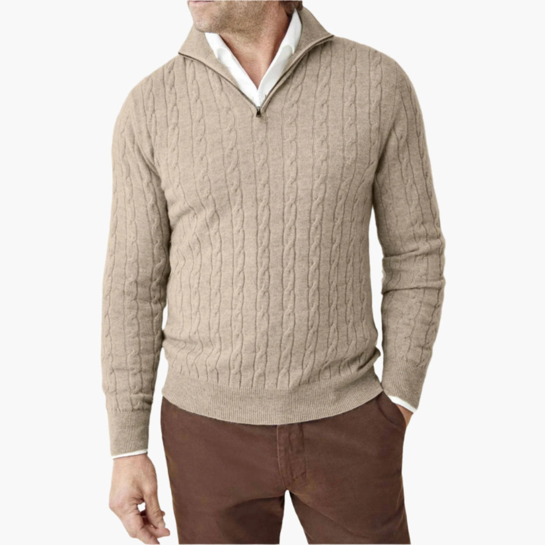Camisola de homem com tranças e gola com fecho de meio zip