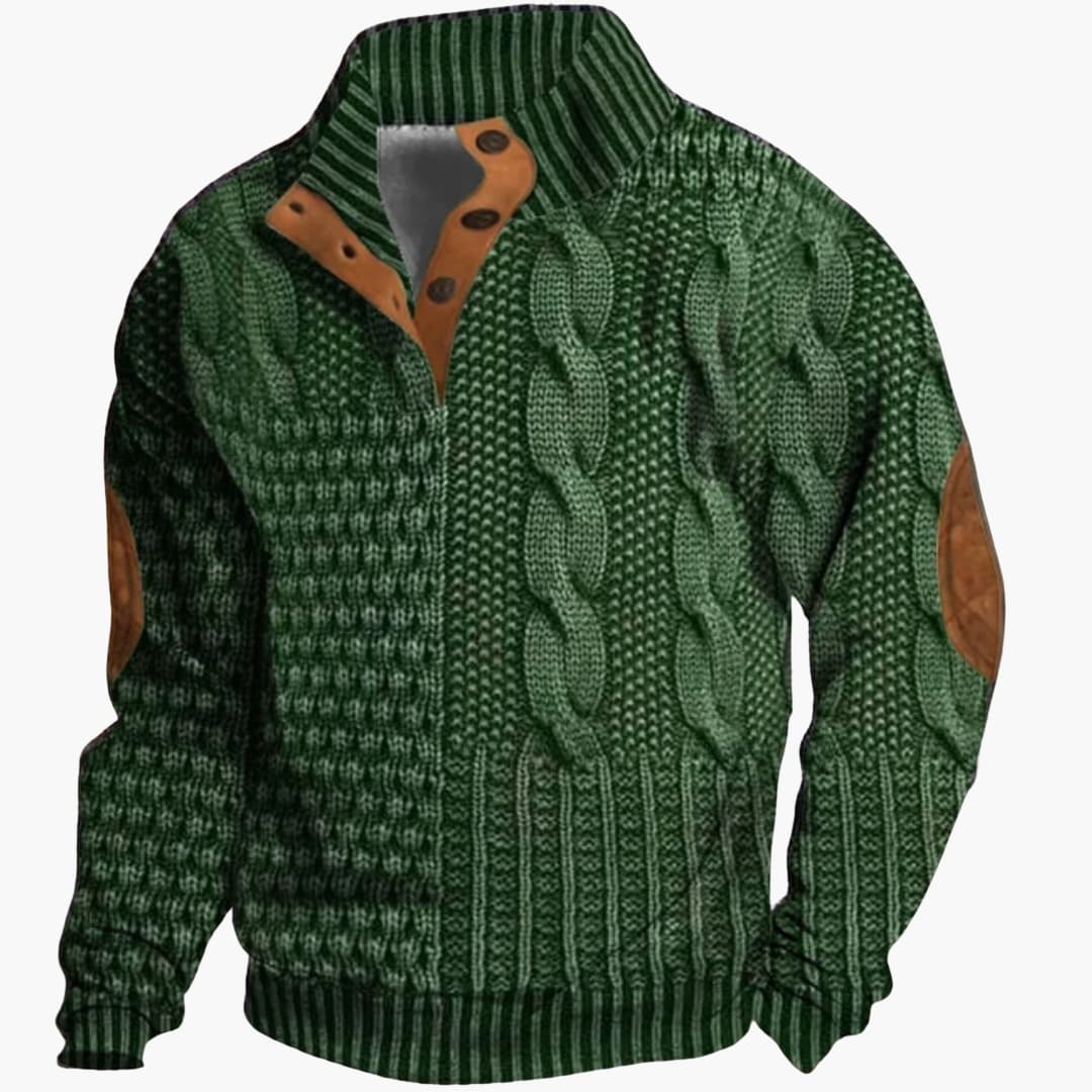 Pull homme tricoté avec col boutonné et coudières