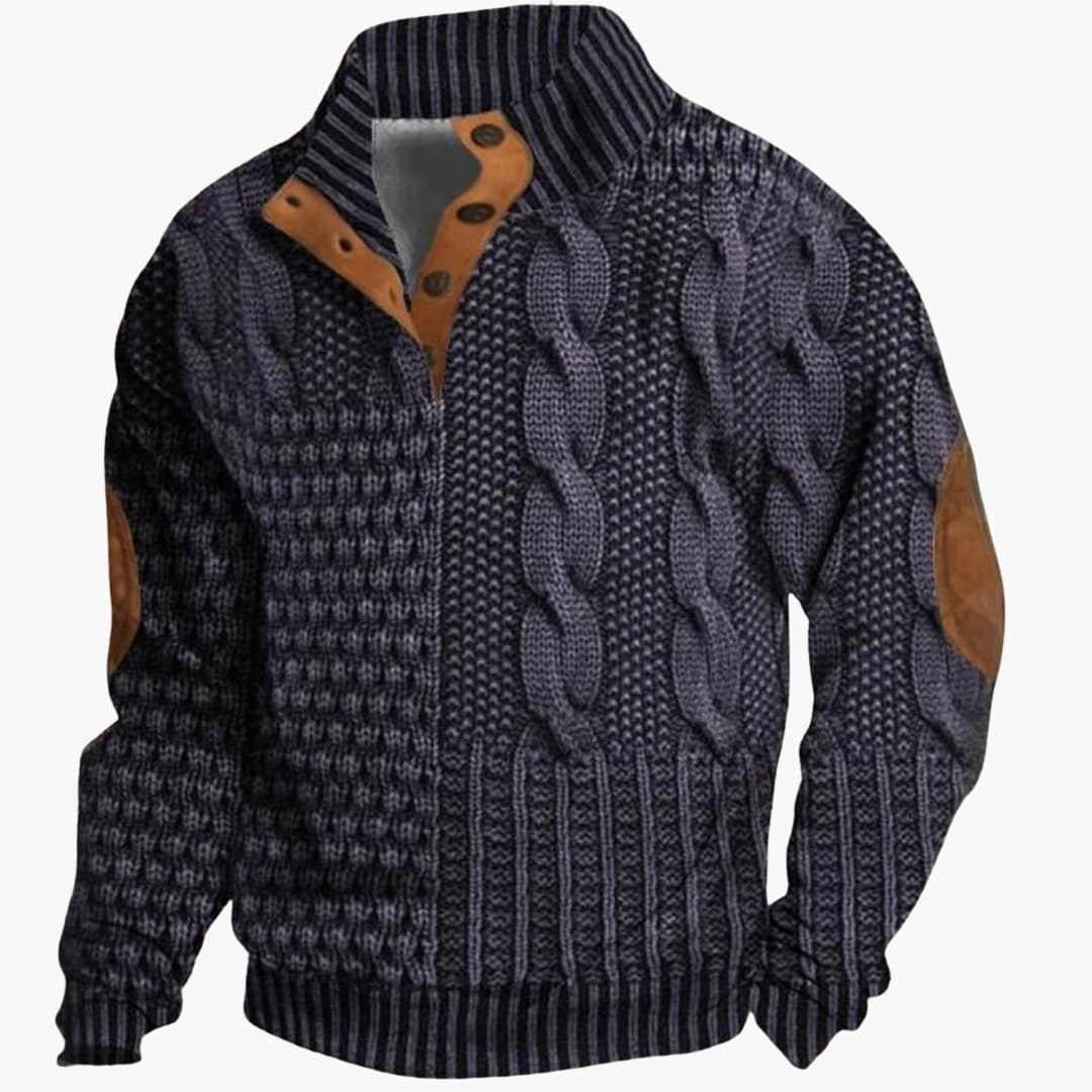 Pull homme tricoté avec col boutonné et coudières