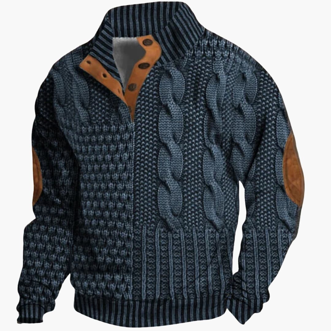 Pull homme tricoté avec col boutonné et coudières