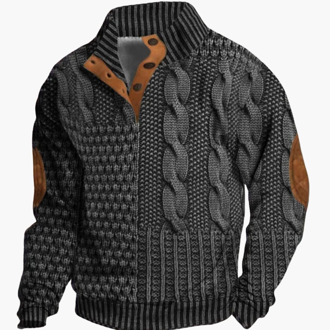 Pull homme tricoté avec col boutonné et coudières