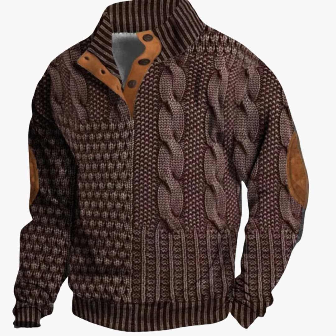 Pull homme tricoté avec col boutonné et coudières