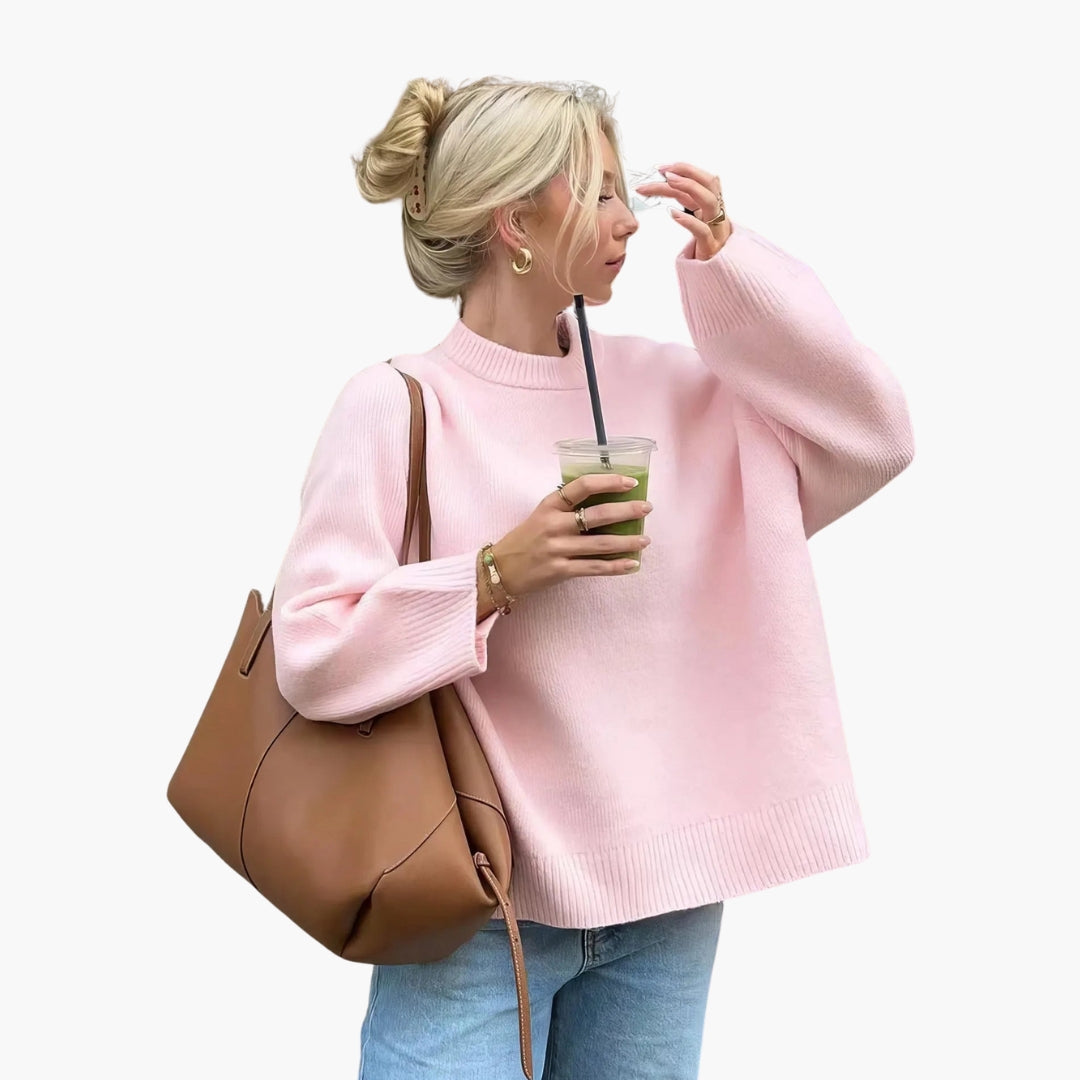 Pull oversize mulher com gola redonda e punhos canelados