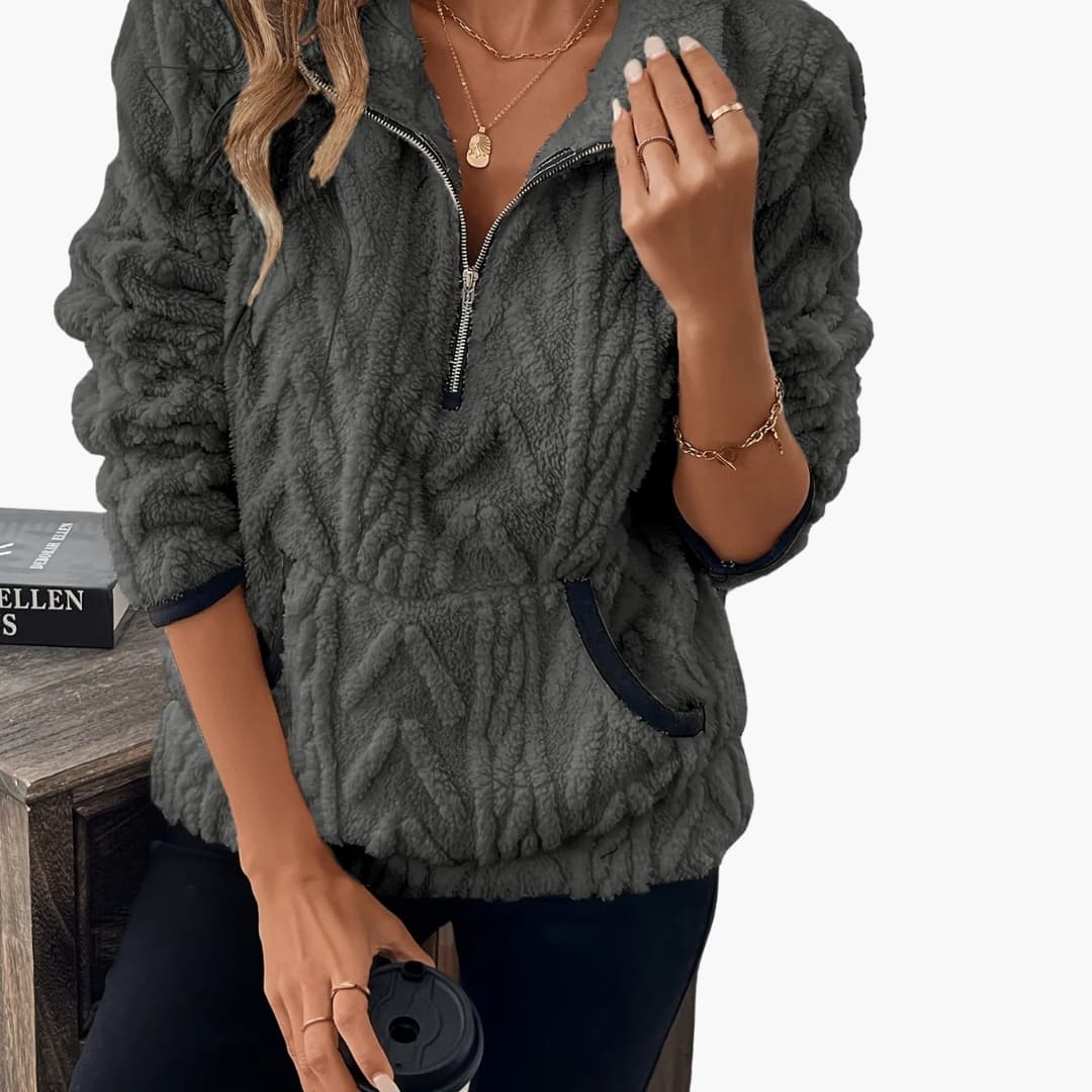 Suéter polar de felpa para mujer con media cremallera y bolsillos delanteros