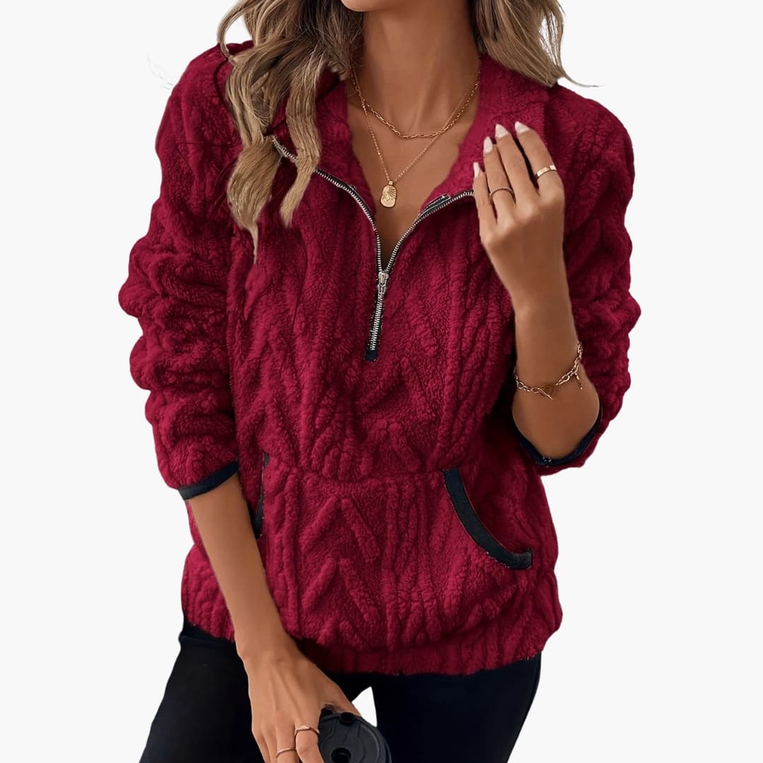 Suéter polar de felpa para mujer con media cremallera y bolsillos delanteros