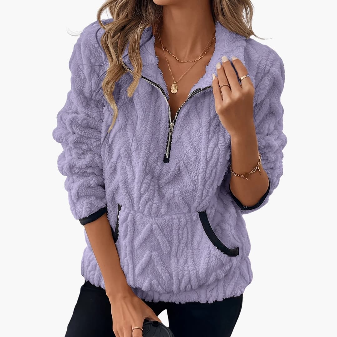 Suéter polar de felpa para mujer con media cremallera y bolsillos delanteros