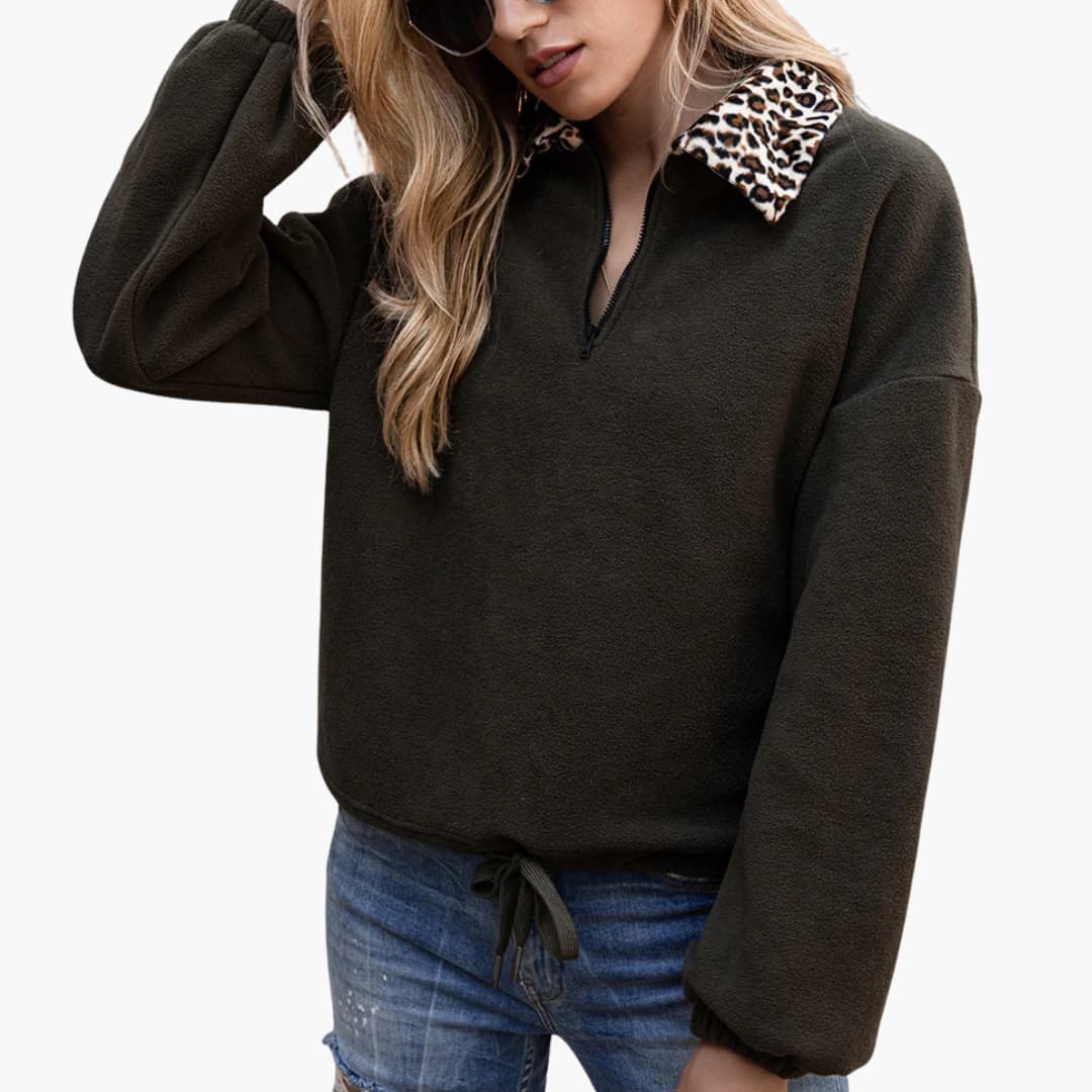 Sudadera polar para mujer con cuello estampado de leopardo