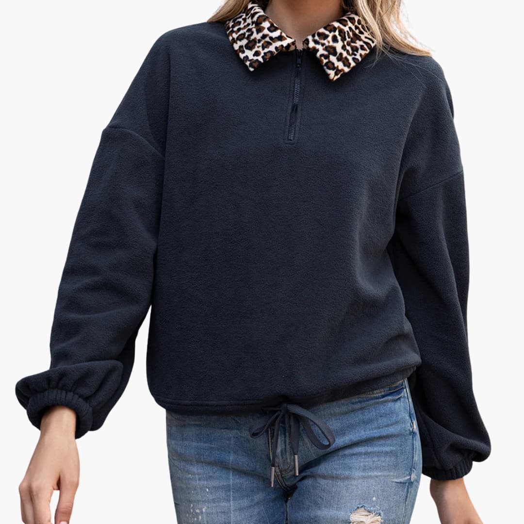 Sudadera polar para mujer con cuello estampado de leopardo