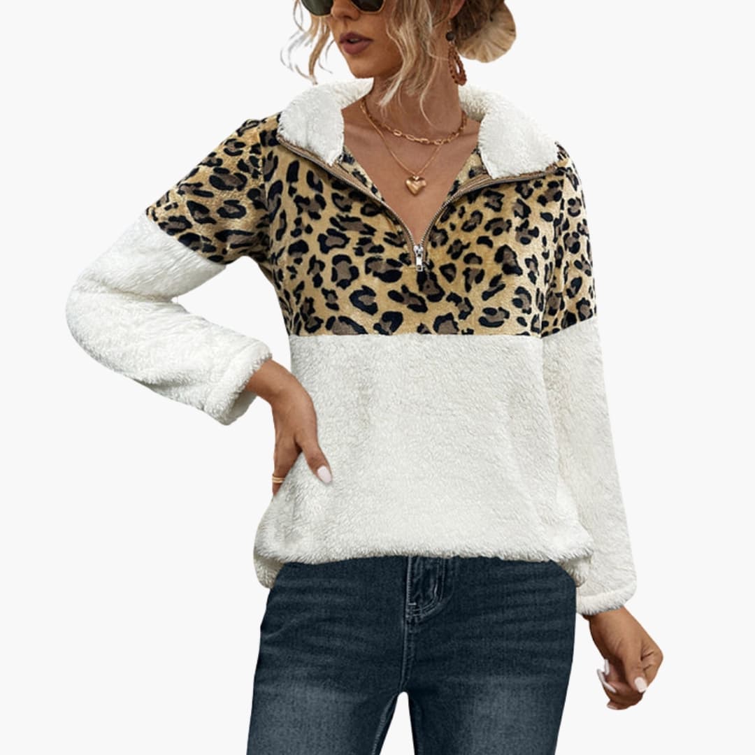 Sudadera polar para mujer con media cremallera e estampado de leopardo