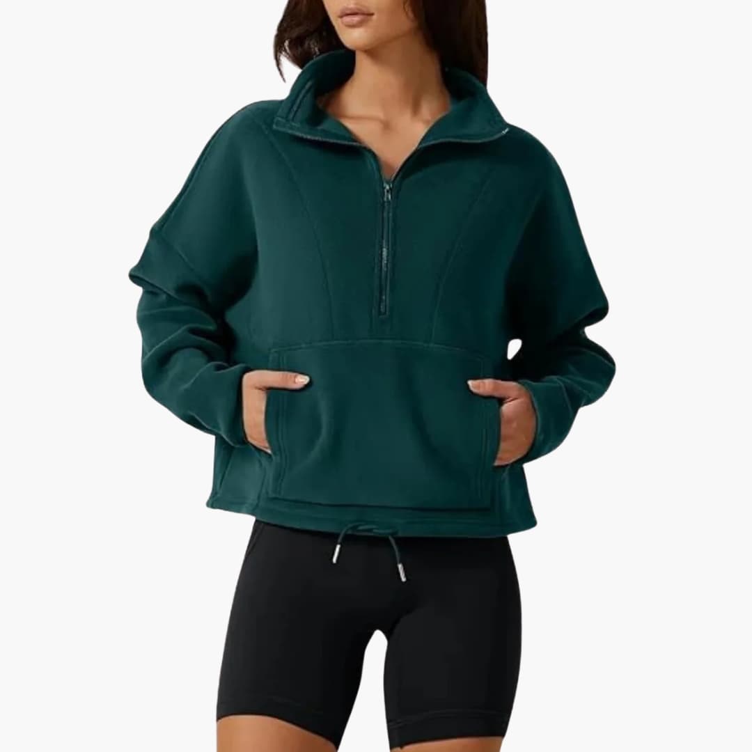 Sudadera polar para mujer con media cremallera y bolsillo delantero