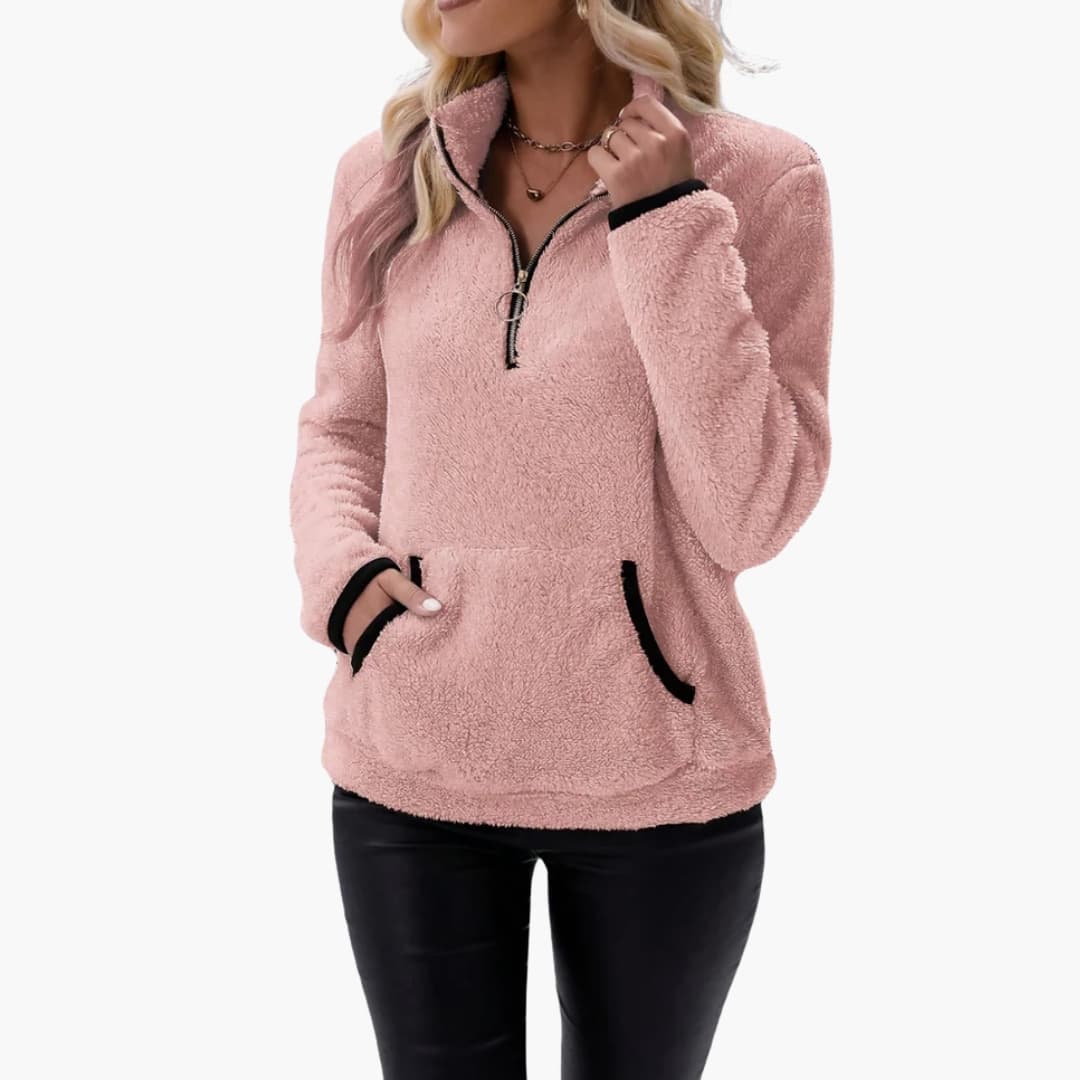Sudadera polar para mujer con media cremallera y bolsillo canguro