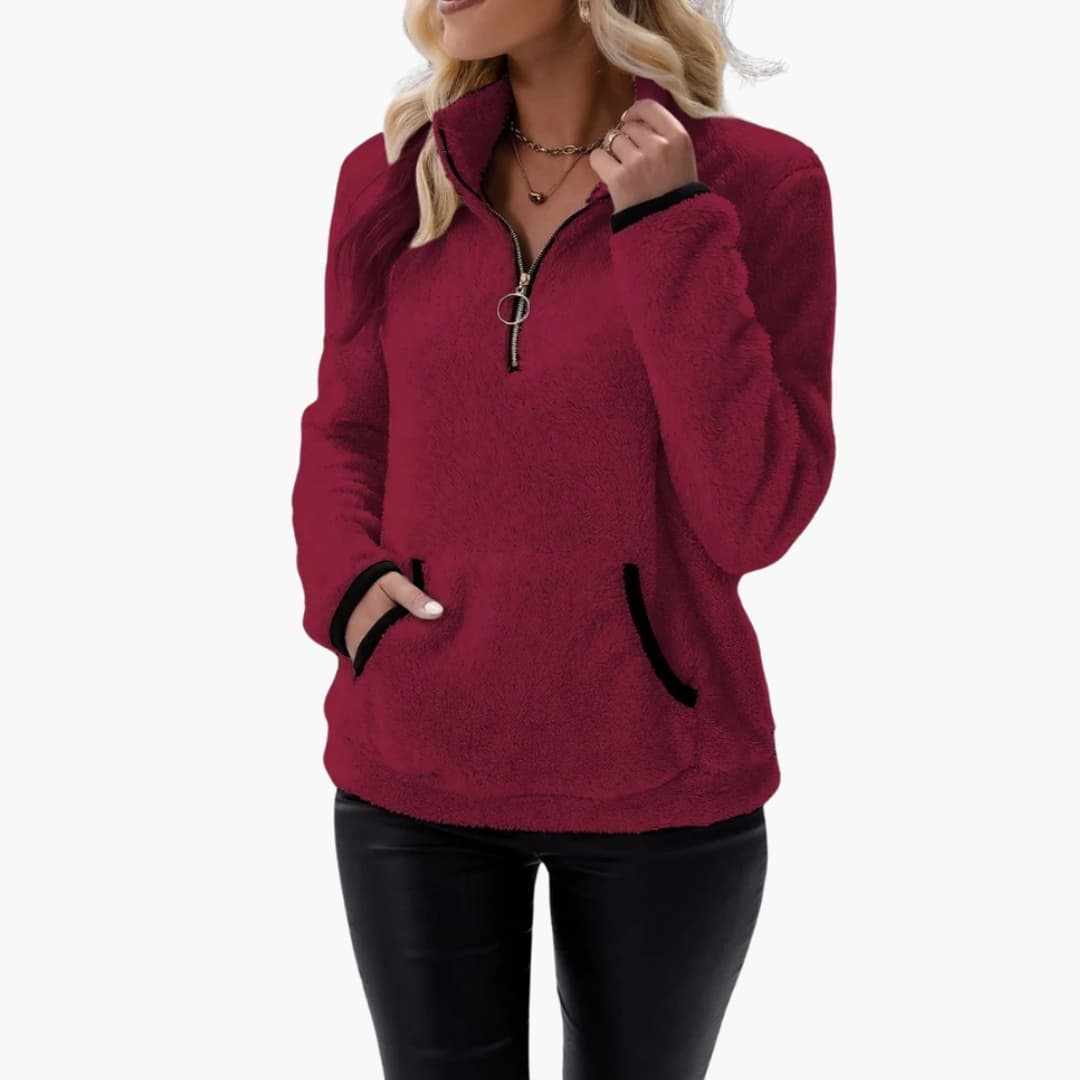 Sudadera polar para mujer con media cremallera y bolsillo canguro