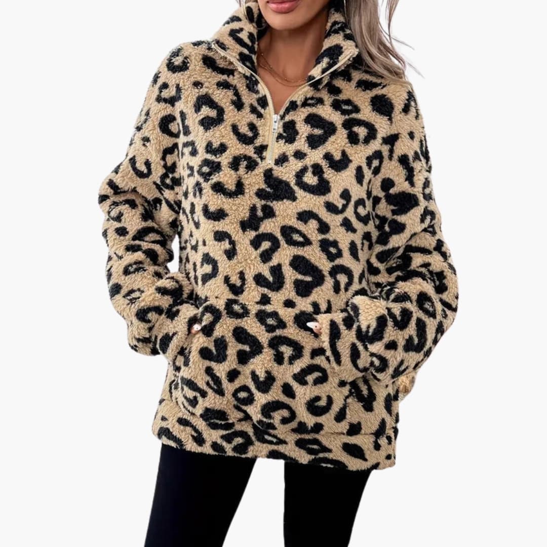 Sudadera polar para mujer con estampado de leopardo y media cremallera