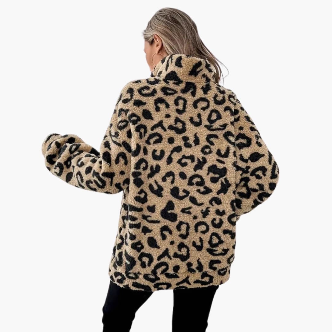 Sudadera polar para mujer con estampado de leopardo y media cremallera