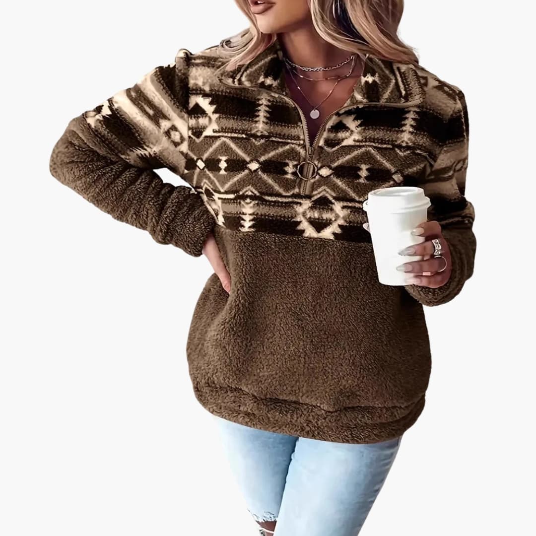 Pull polar para mujer con motivo azteca y cuello medio con cremallera