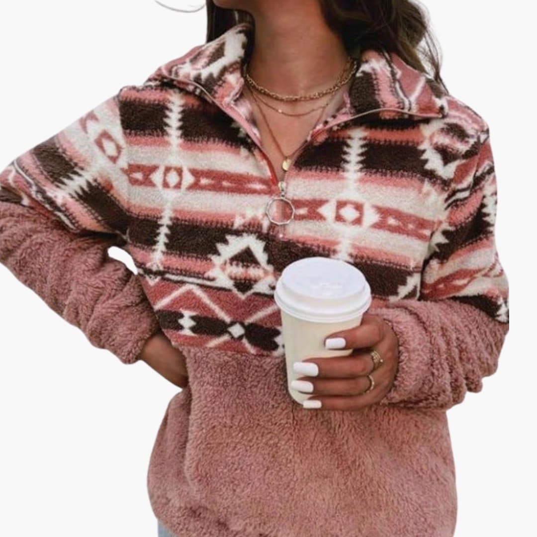 Pull polar para mujer con motivo azteca y cuello medio con cremallera